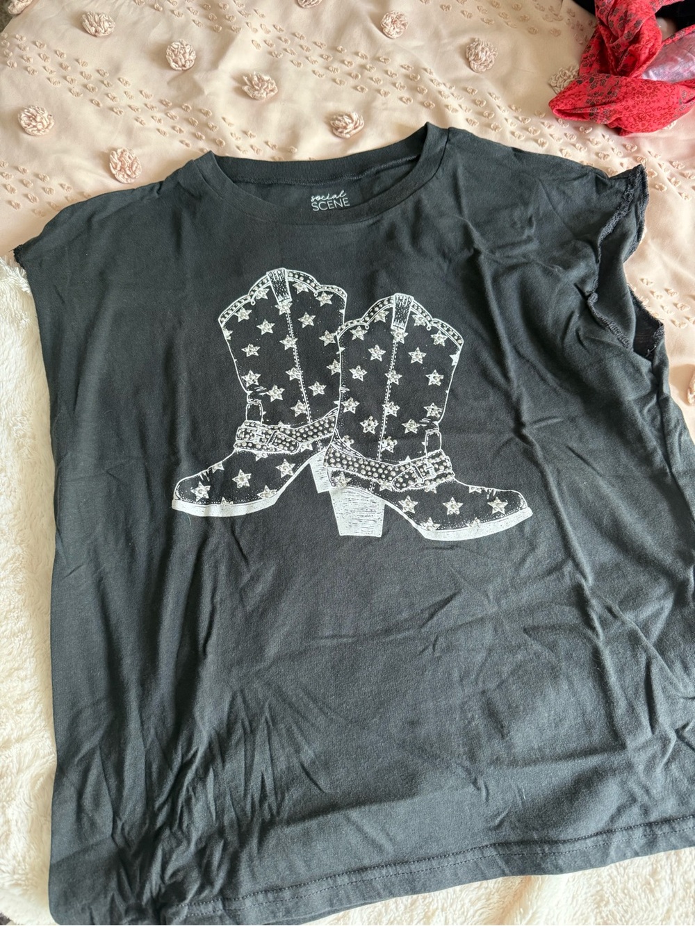 Black Graphic Tee with White Cowboy Boot Print